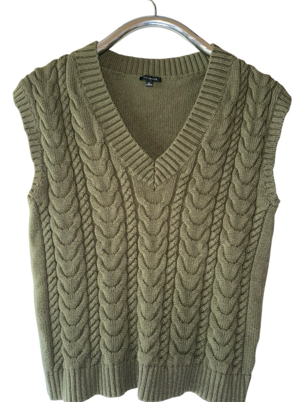 Talbots Men's Olive Green Cable-Knit V-Neck Sweater Vest